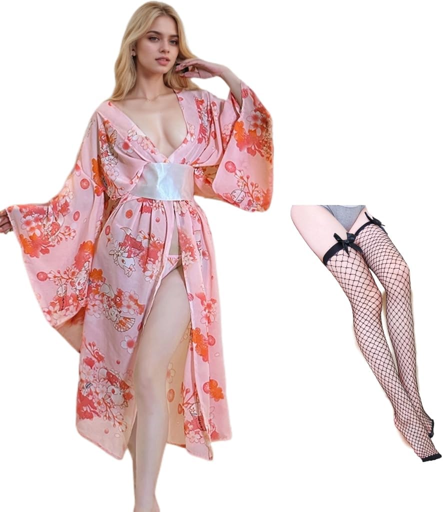 Women Kimono Bathrobe Japanese Sexy Lingerie Sets with Soft Fabrics V Neck Kimono Robe Sleepwear
