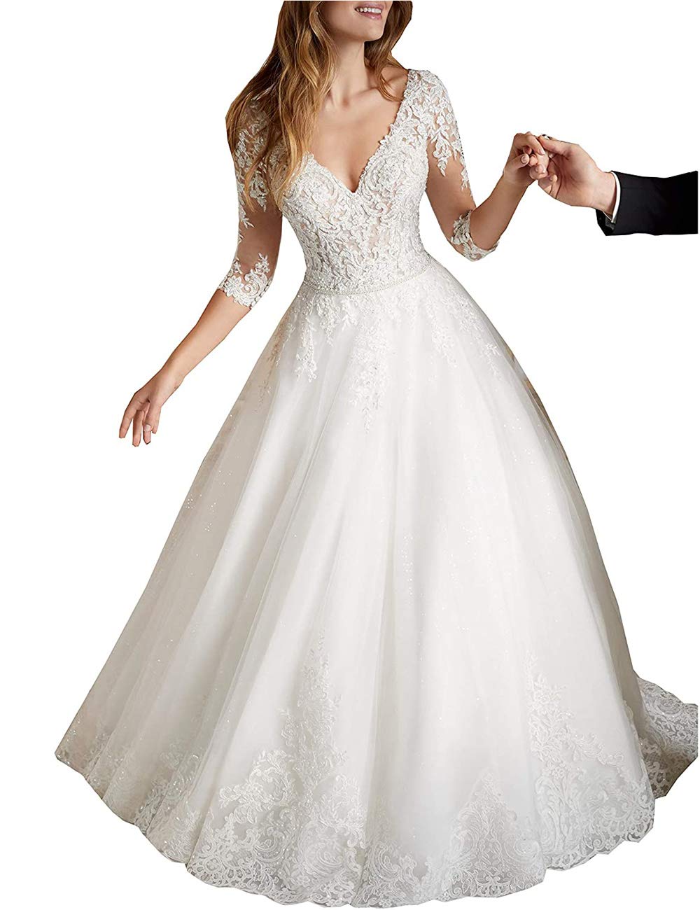 Pizzo A-Line Abito da Sposa Civile con Maniche, Avorio, 56