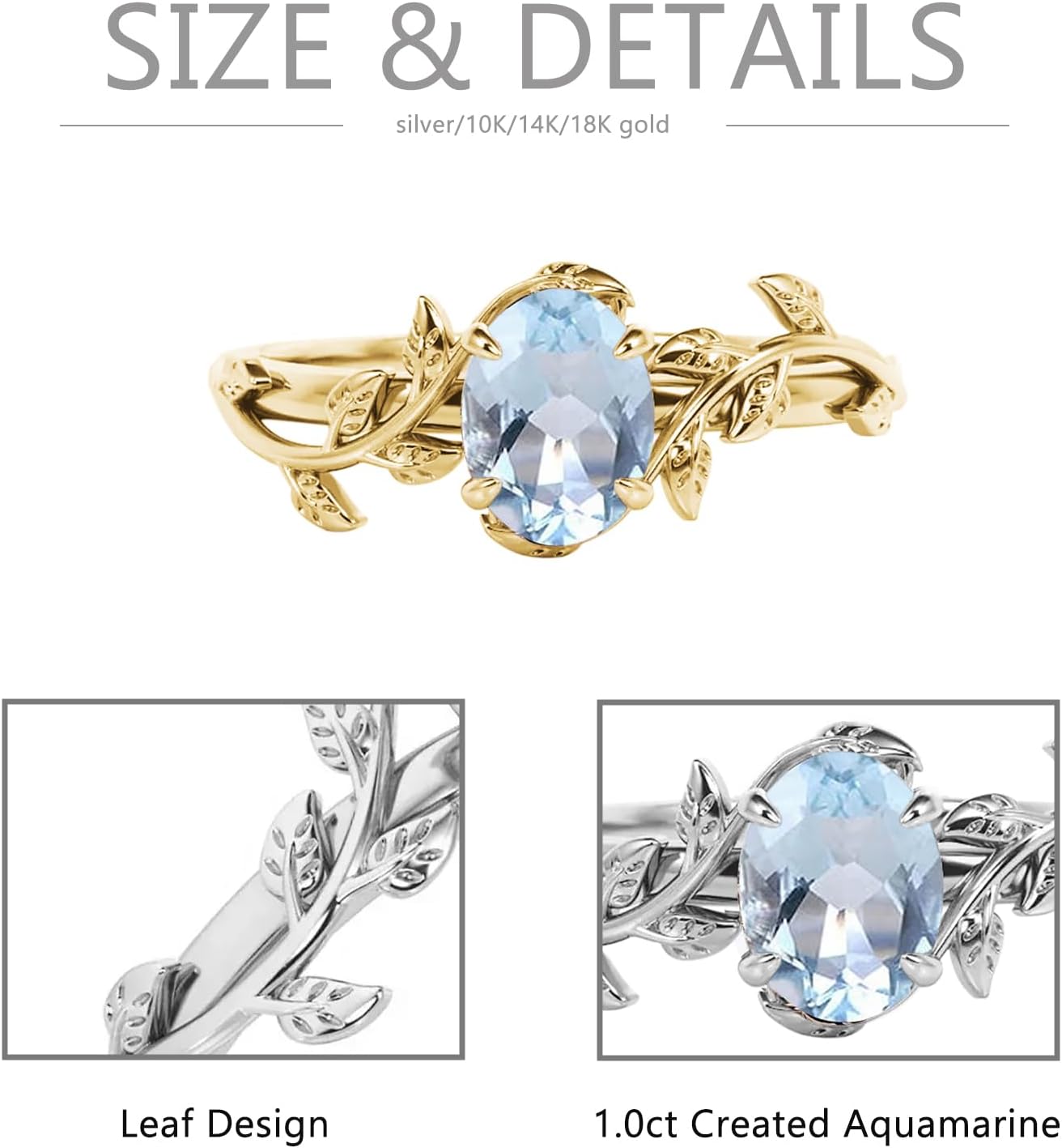 10K 14K 18K Gold Vine Gemstone Rings 1ct Oval Gemstone Leaf Rings for Women Leaf Design Engagement Rings Best Gift for Christmas Anniversary Birthday - Image 4