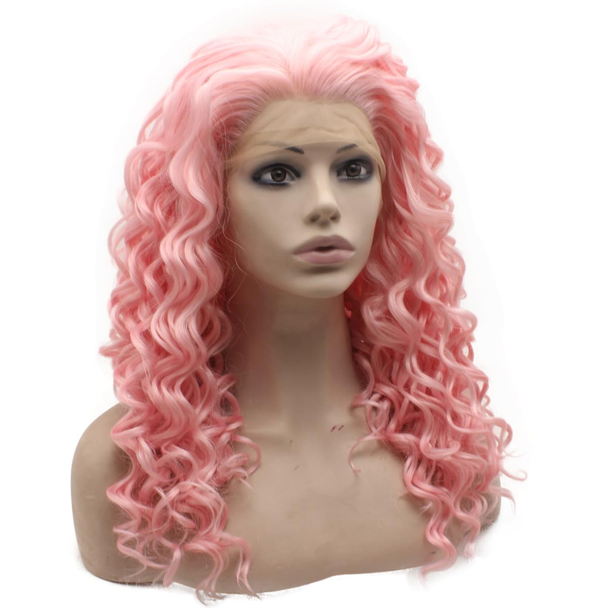 MX angel Curly Wig Pink Synthetic Lace Front Wig Heat Resistant Fiber Hair Half Hand Tied Cosplay Party Wig - Image 3
