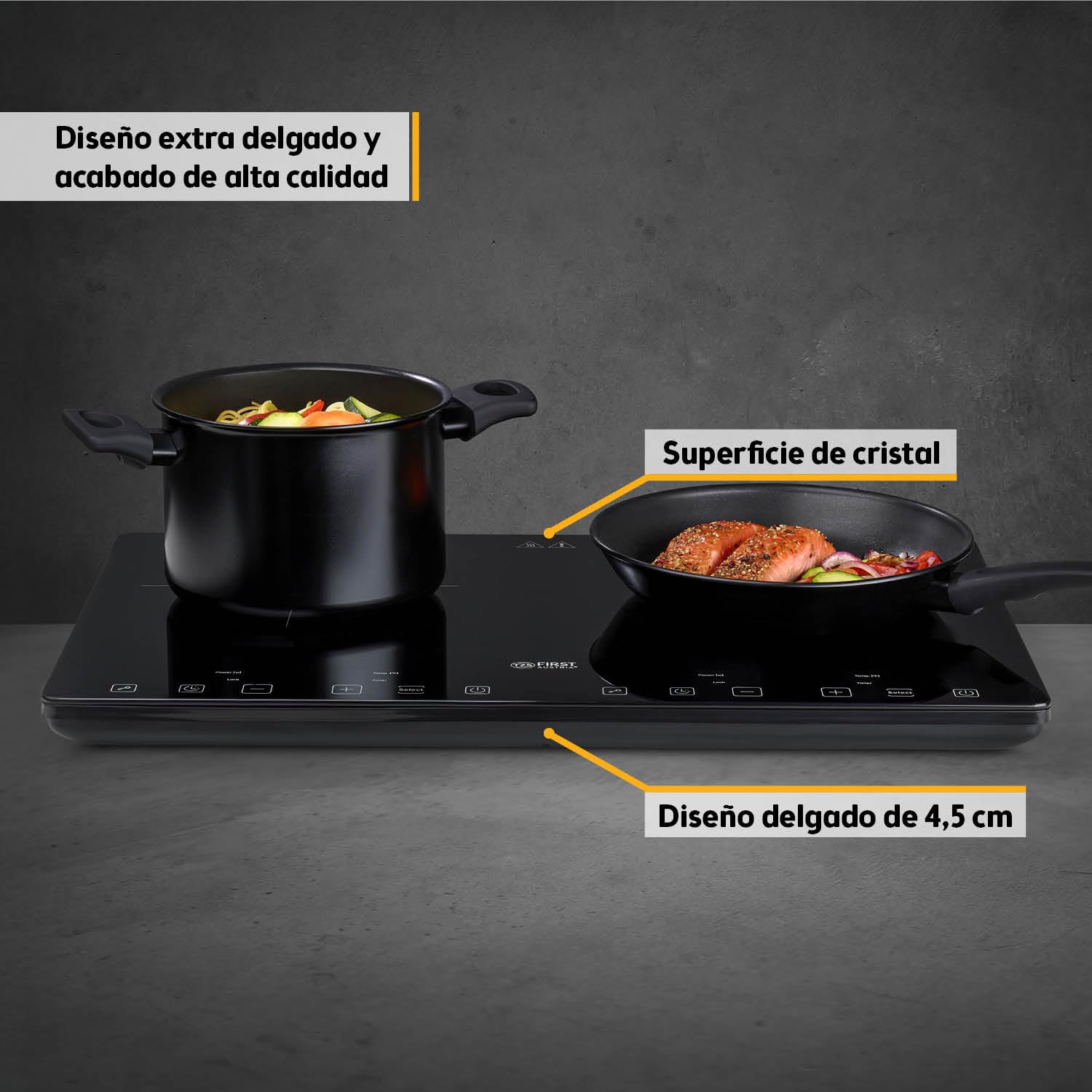 Placa de inducción TZS First Austria doble | 3400 W | Diseño delgado | Regulación de temperatura de 10 niveles | Temporizador | Bloqueo para niños | Control táctil por sensor