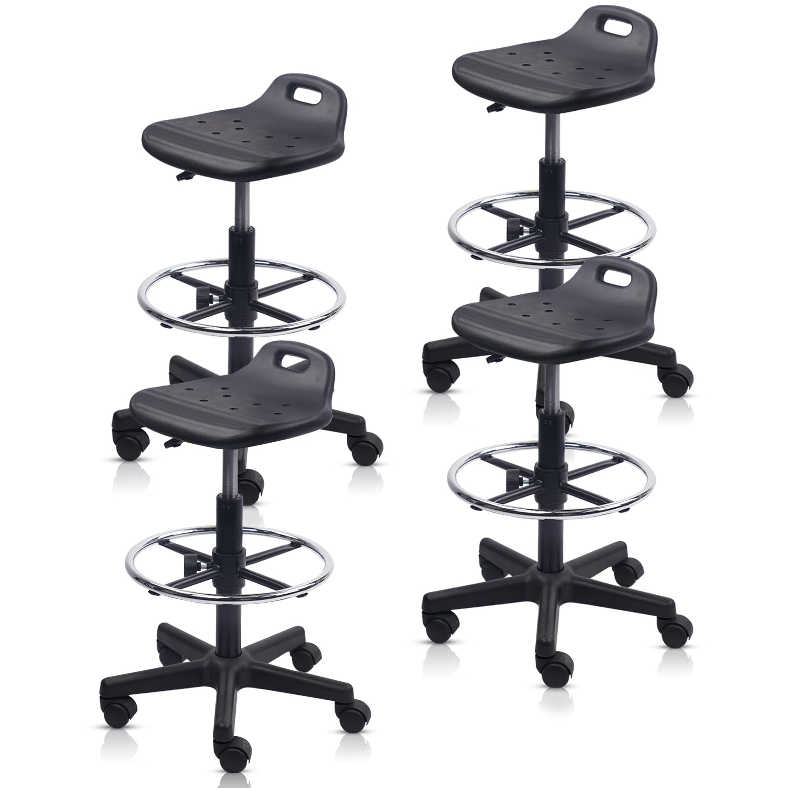 KLASIKA Drafting Rolling Stool Adjustable Height with Foot Rest Breathable Seat Cushion Swivel Stools with Wheels, Multi-Purpose Work Stool for Shop, Task, Salon, Black, 4 Pack