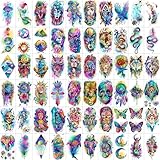 60 Sheets 3D Watercolor Temporary Tattoos For Women Men Adults, Groovy Realistic Blue Eagle Dragon Fake Tattoo Stickers Body Arm, Wolf Tiger Lion Skull Moon Colorful Fake Tattoo Halloween Snake Anchor