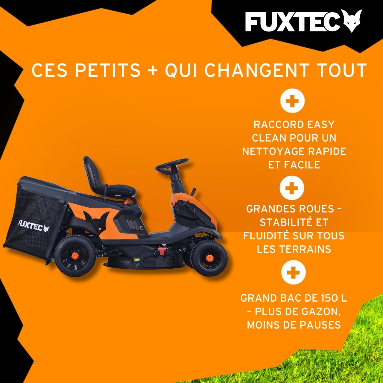 Tondeuse Thermique autoportée FUXTEC FX-RMR66, Tracteur de pelouse eStart, 2500 m2, Largeur de Coupe 66 cm, 6 CV, bac 150 L, Hauteur de Coupe réglable, pour Grandes Surfaces