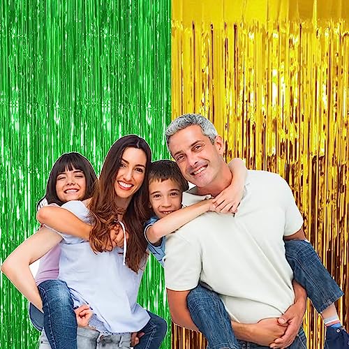 Image of 6 Pieces Foil Fringe Tinsel Party Curtains for Photo Backdrop (Green-Gold)