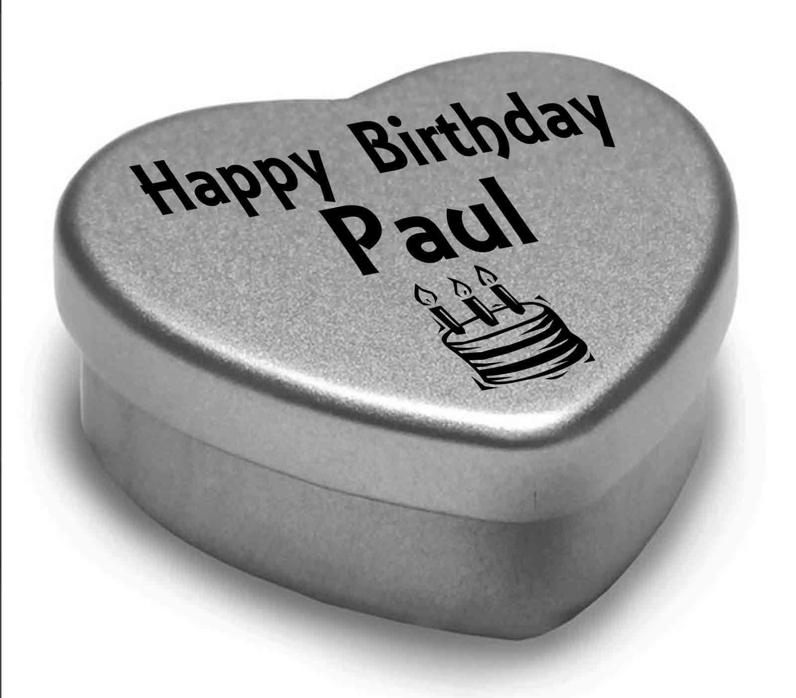 Happy Birthday Paul Mini Silver Heart Shaped Tin Gift filled with chocolates Great Birthday present for Paul Show somebody you are thinking of them