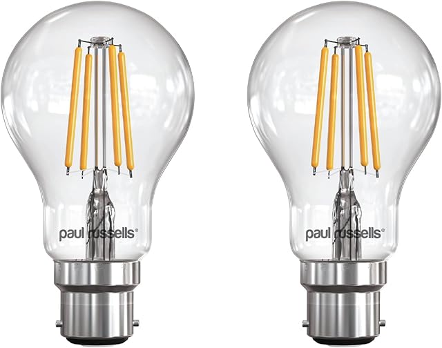 paul russells LED Filament GLS Light Bayonet Celling B22, 60w Equivalent A60 GLS Standard Globe 6.5W 806LM LED 2700K Warm White, Fittings BC Energy Saving Lamp, Pack of 2