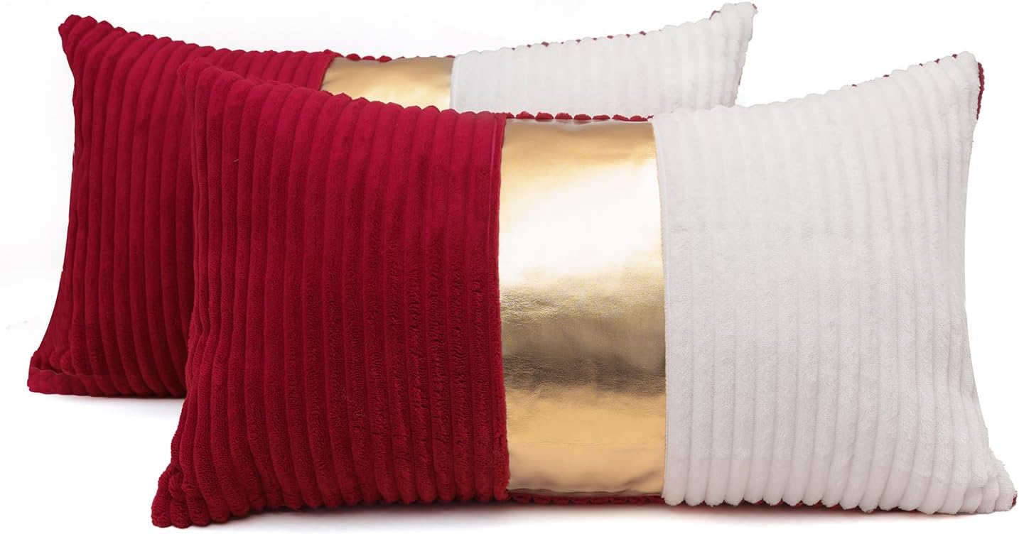 Red and Cream White Boho Striped Corduroy Throw Pillow Covers with Pink Leather Patchwork 12x20 Inch, Pack of 2, Double-Sided, Soft Home Decorative Pillows for Couch and Living Room
