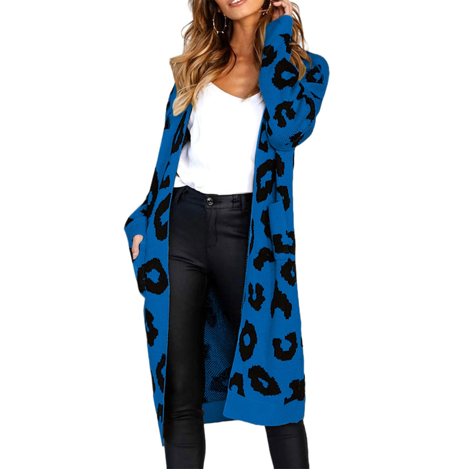 Womens Fall Winter Casual Knit Leopard Long Cardigan Long Sleeve Open Front Lightweight Sweater with Pockets