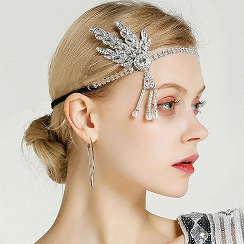 Miniatura 6 de GORTIN Diadema con diseño de hojas de los años 20, tocado de Gatsby, borla de perla, para novia, boda, accesorios para el cabello, cadena para la