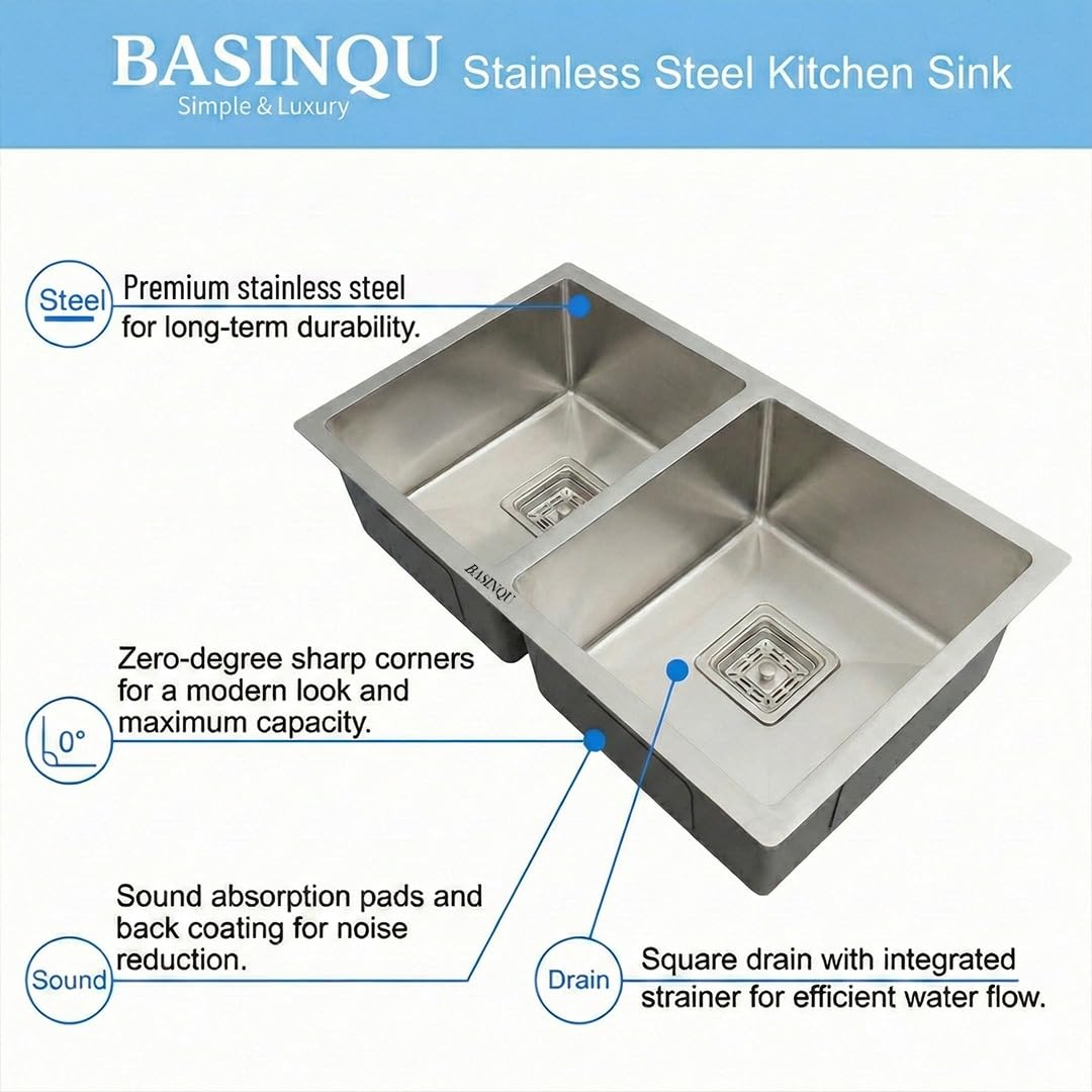 BASINQU BASINQU Kitchen Sink 45x20x10 Inch Handmade Double Bowl Sink for Kitchen Basin 304 Grade Stainless Steel Sink Brushed Matte Finish Including Coupling Fruit Tray Hose Pipe Kitchen Basin Sinks 2
