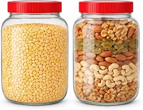 Glass Airtight Container with Red Lid, Round Kitchen Storage Jar (2, 2000ml)