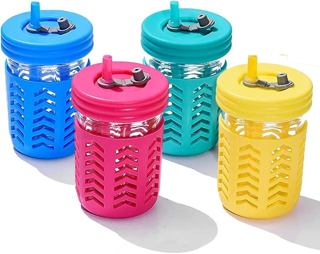 Smiths Mason Jars Set of 4 Mini Spill Proof Jars 8oz or 235ml Silicone Sleeves and Reusable Straws | Toddler Glass Cups, Snack Pot, Sippy Cup Ideal for Picnics, Camping and Kids' Smoothies
