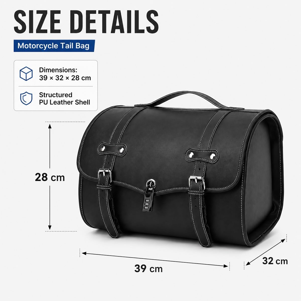 Motorrad Hecktasche 39×32×28cm, Abschließbare PU-Leder Aufbewahrungstasche für Scooter, E-Bike und Moped, Heckträger Gepäcktasche für Halbhelme, Zubehör und Alltag