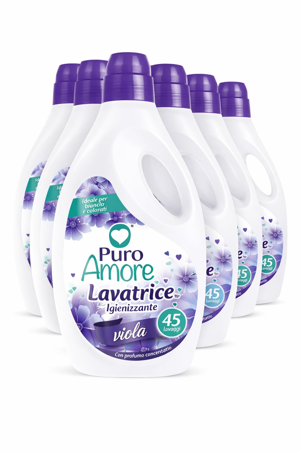 Puro Amore detersivo liquido lavatrice viola igienizzante – profumo intenso e duraturo – ideale per bianchi e colorati – 45 lavaggi per bottiglia – formato convenienza 3 o 6 bottiglie (6)