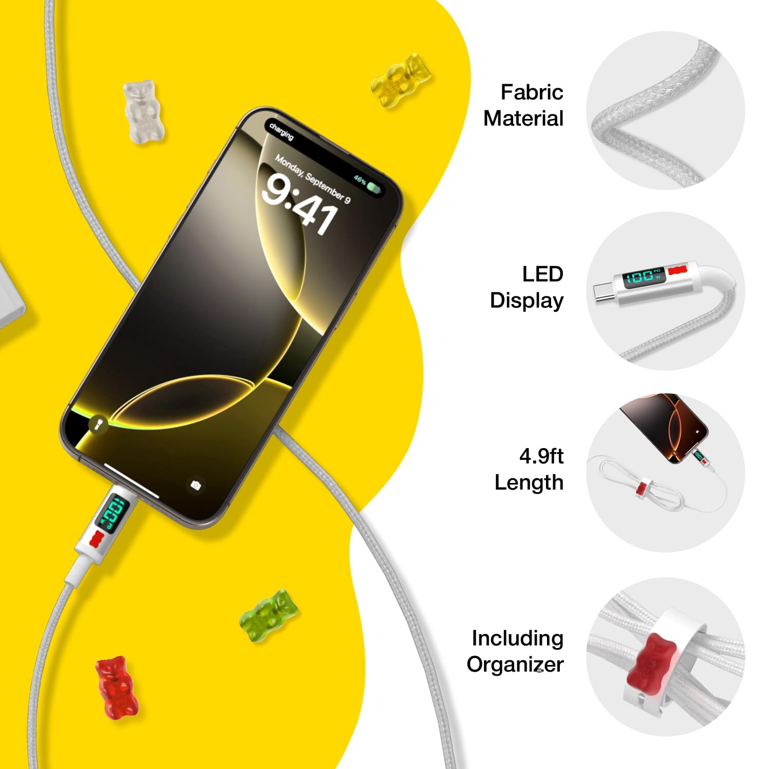 Haribo - Cable USB C a USB C (5 pies, 2 unidades), carga rápida PD de 100 W, pantalla LED, USB 2.0 Gummy Bear Style para iPhone 15/16, Samsung Galaxy, Pixel, iPad