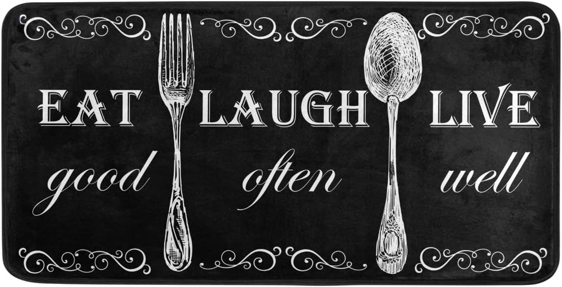 EmelivorBlack Kitchen Rug Floor Mat Eat Laugh Live Washable Kitchen Mats for Floor Anti Fatigue Cushion Comfort Mat for Kitchen
