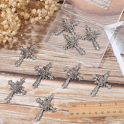 SUNNYCLUE 1 Box 10Pcs Cross Charms Tibetan Style Antique Silver Large Cross Bead Charms Detailed Rose Flowers Vintage Crosses Crucifix Shaped Charm for Jewerly Making Charms DIY Necklace Supplies - Image 3