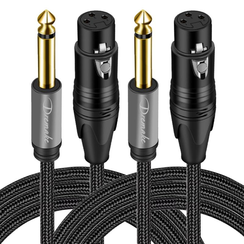DREMAKE Paquete de 2 cables de micrófono de interconexión TS mono de 3 pines hembra a 1/4 de pulgada (Jack 0.250 in), cable de micrófono TS de