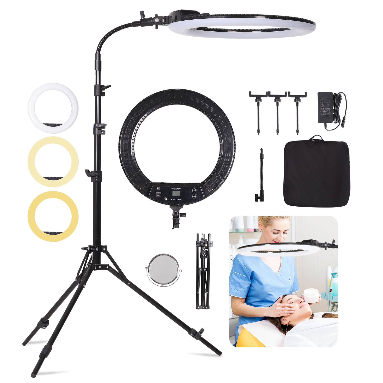 19" LED Luce Anulare Kit con Stativo, Specchio e Supporto per Telefono per La Fotografia in Studio, Ritratto, Selfies, Live Streaming, Registrazione Video, Riempimento Trucco di Bellezza