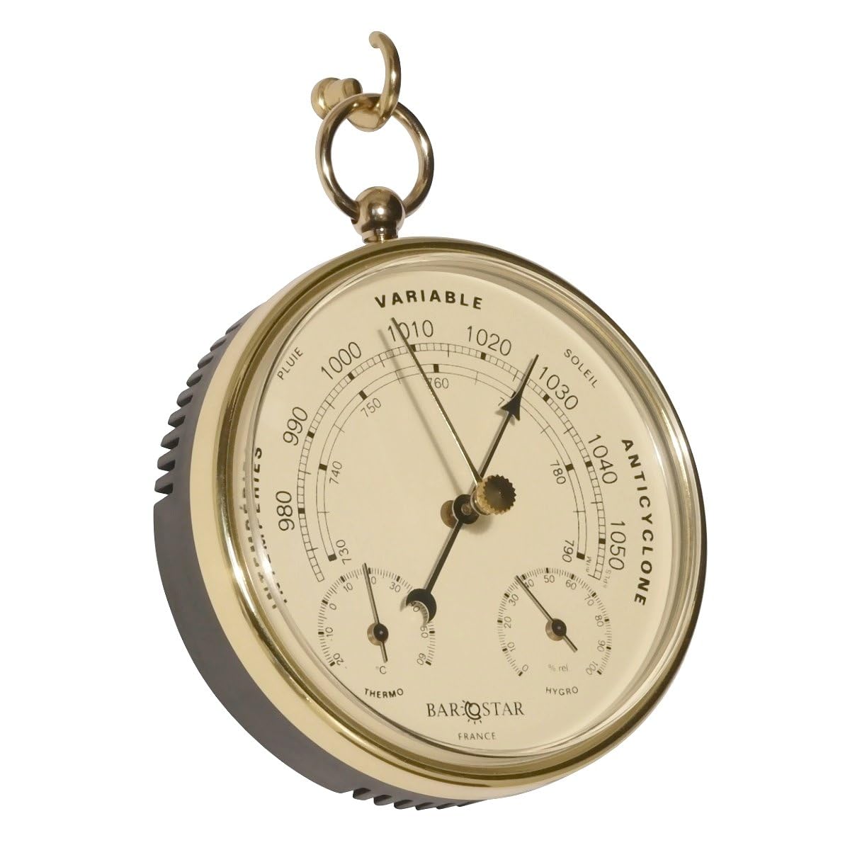 Barometer/Thermometer/Hygrometer Barostar, Messingrahmen, Glas aus PMMA Acryl, Messinghaken zum Aufhängen, Durchmesser 98 mm, Tiefe 40 mm, made in Dänemark