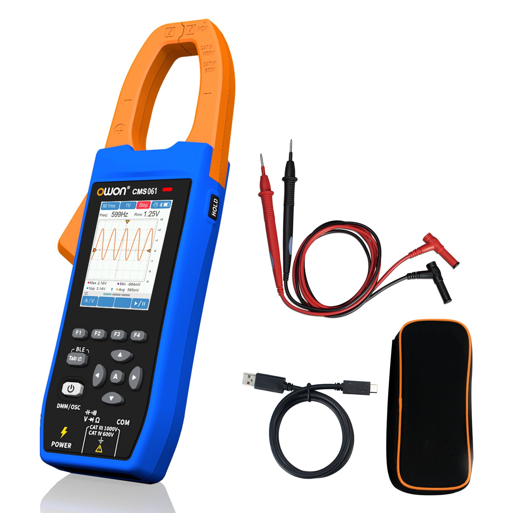 OWON CMS061 - Pinza elettrica AC/DC 600A, funzione scrittore, 3-in-1 oscilloscopio, 20000 Count True RMS Auto-ranging, allarme, NCV, pinza di alimentazione Bluetooth