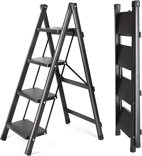 Taburete plegable de escalera de 4 escalones con amplios pedales antideslizantes, escalera portátil ligera para el hogar y la cocina, ahorro de