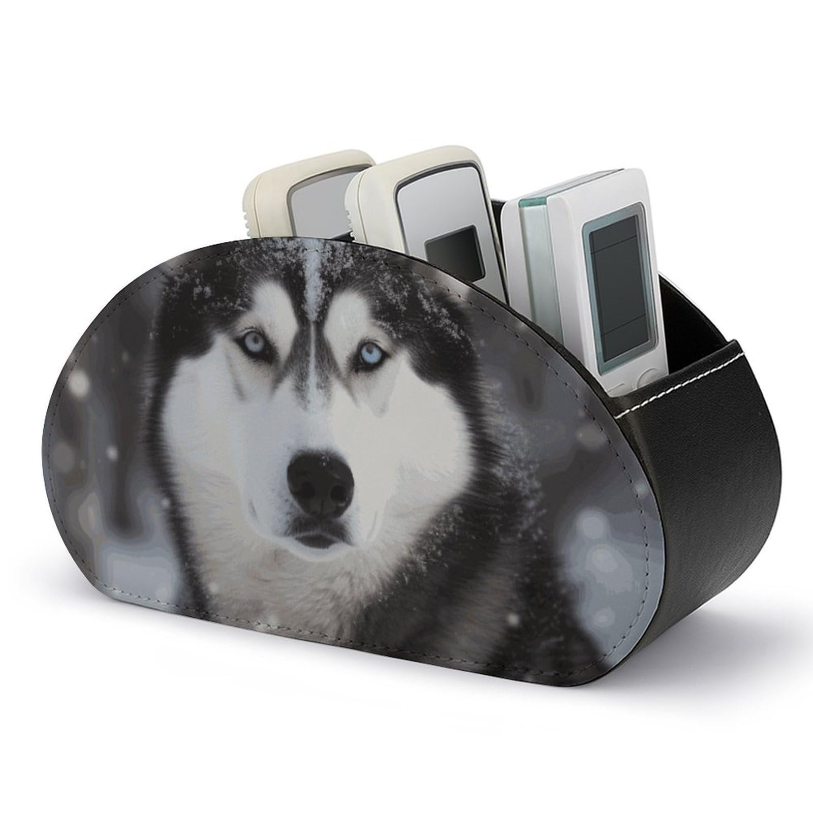 JTREHY Husky In Snow Dog Remote Control Holder with 5 Compartments Pu Leather Remote Caddy Box Multi-functional Deskt Holders Organizer Box Tray Bedside Table Storage Organizer