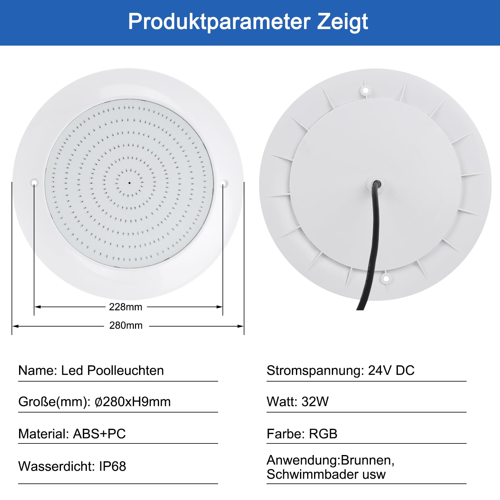 COOLWEST Harz Gefüllt Poolbeleuchtung LED 32W RGB, Ultraflach Poolscheinwerfer mit Fernbedienung Colour Changing Schwimmbad LED Lampe, IP68 Wasserdicht, 24V DC, Aufputzmontage
