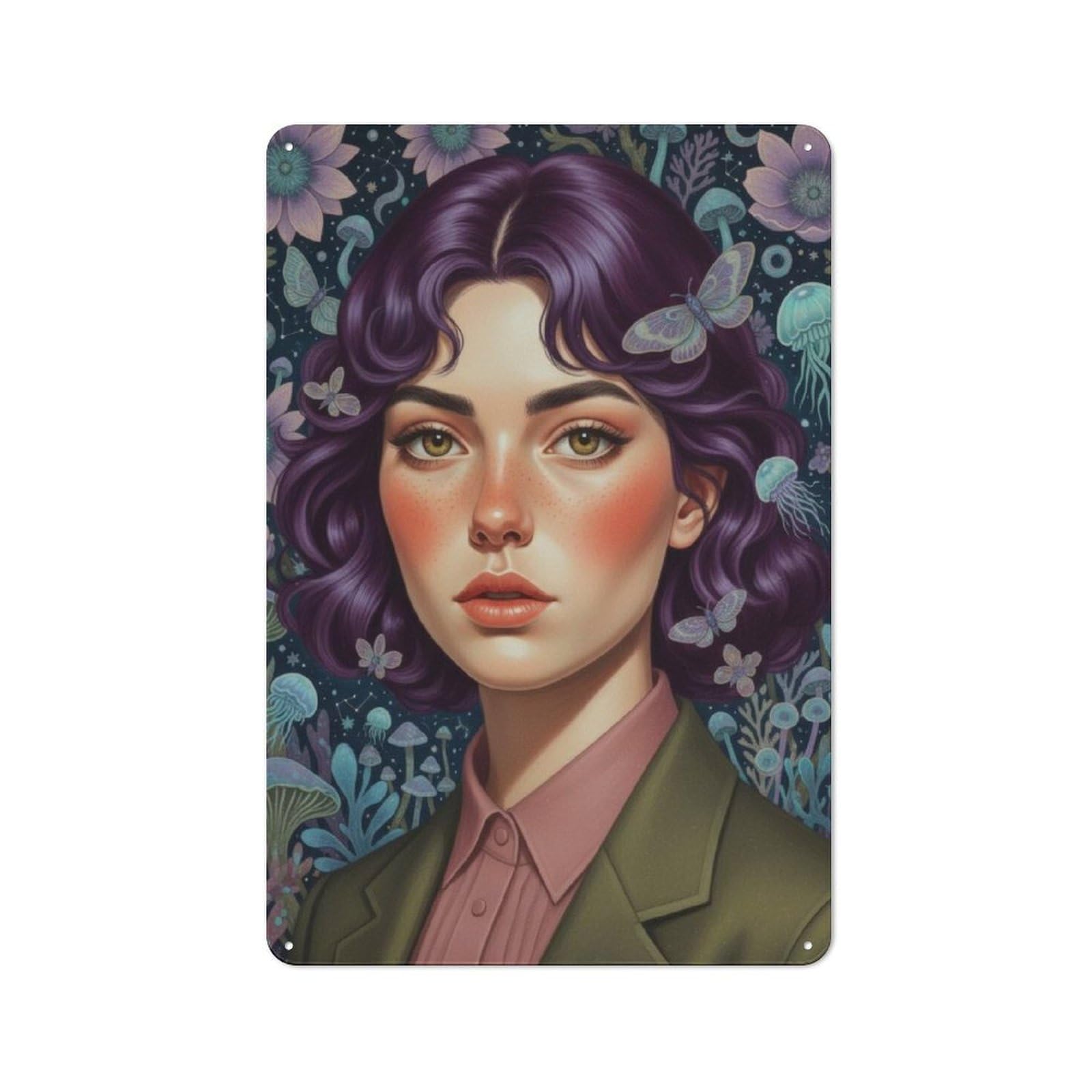 Junmoney Portrait Of A Woman With Butterflies Rustic Metal Wall Decor 30X20cm, Decorative Metal Plaque For Shed, Garden Room, Porch Or Garage