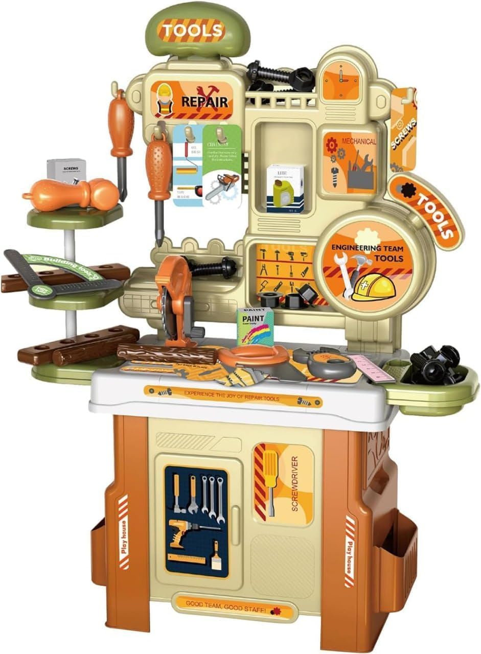 - 53PCS Kids Tool Table Play Set with Workbench, Toy Drill, Hammer, Screwdriver & Accessories, DIY Construction Pretend Play Workshop for Boys & Girls 3+ Years, Educational Tool Kit Play House Series