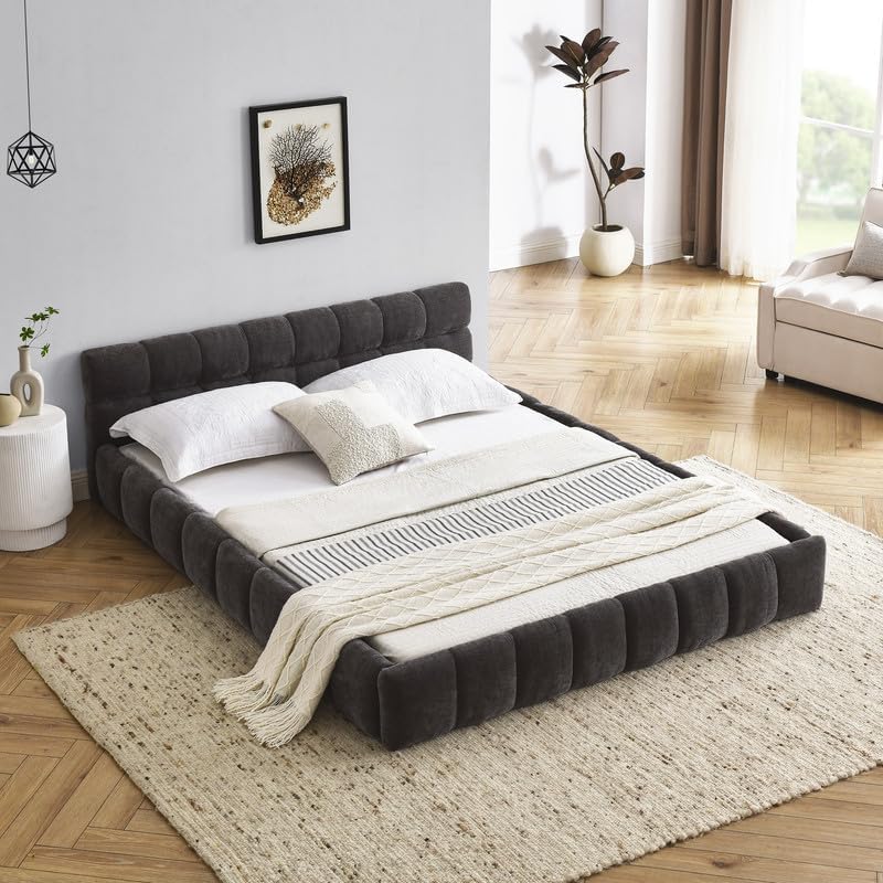 Queen Upholstered Bed Frame, Comfy Chenille Fabric Grounded Platform Bed with Headboard, Elegant Cloud Soft Padded Queen Floor Bed, No Box Spring Needed, Easy Assembly, Dark Grey