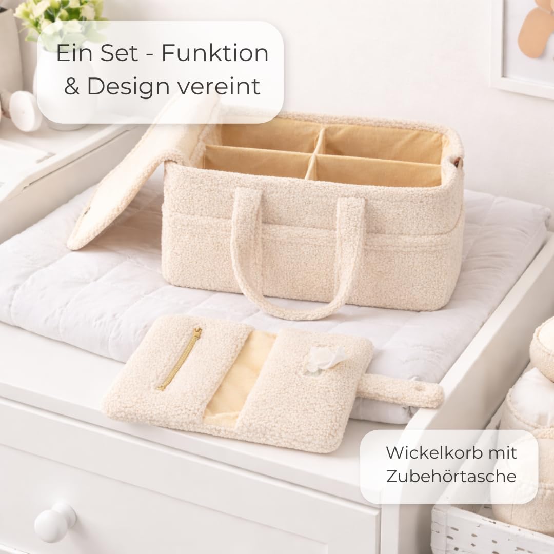TALIDA Wickelkorb Teddy Set - Wickelorganizer mit Zubehörtasche – Aufbewahrungskorb für Feuchttücher und Babyartikel - Organizer für Wickeltisch und Windeltasche, Feuchtüchertasche (2, Beige) - 3