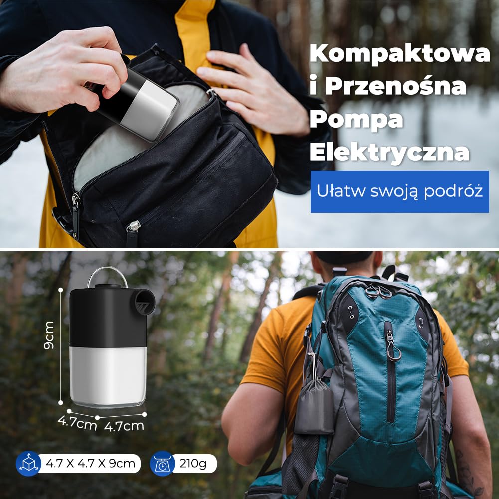 Przenośna pompka elektryczna 4000 kPa do nadmuchiwanego materaca, elektryczna pompa powietrza 3000 mAh z lampą kempingową, może nadmuchiwać i nadmuchiwać, czarna