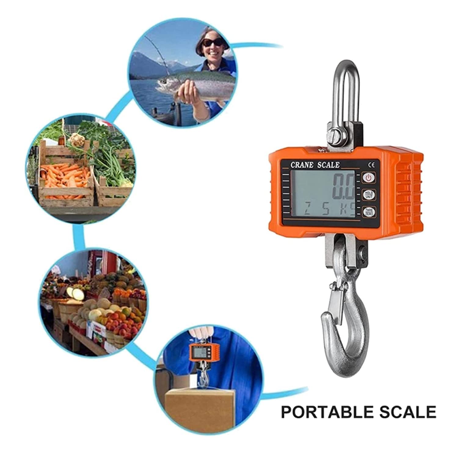 Báscula de grúa digital Báscula colgante digital 1000Kg / 2204Lbs Báscula de grúa portátil de servicio pesado Báscula de gancho industrial con retroiluminación LCD Cambio de unidad