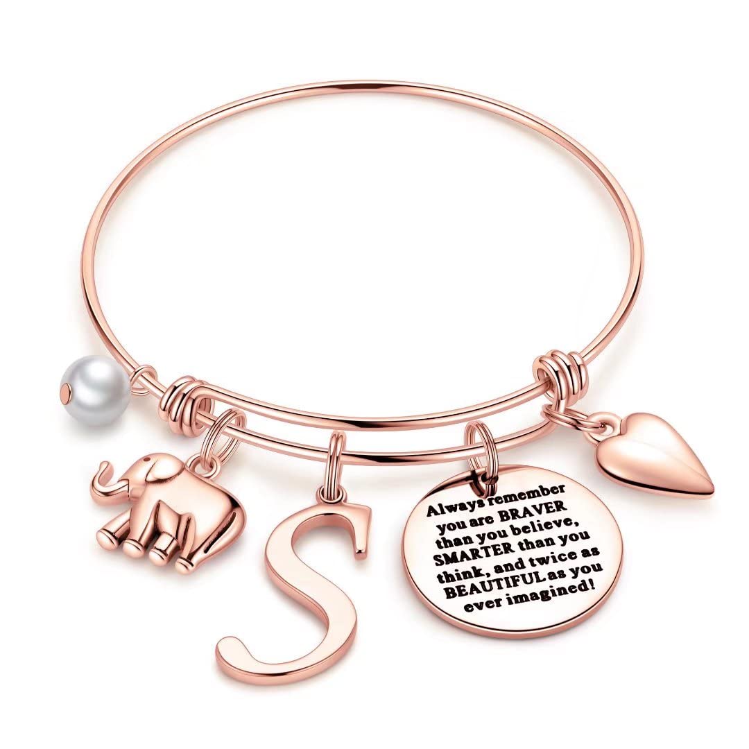 M MOOHAM Elephant Gifts for Women Girls, Rose Gold Initial Elephant Charm Bracelets for Women Girls Friends Mom Daughter Birthday Inspirational Jewelry