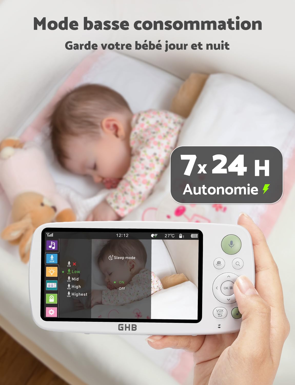 GHB Babyphone Caméra 5'' HD 1080P Caméra Bébé avec Longue Autonomie Batterie 4000 mAh 7 x 24H en Mode VOX 4X Zoom Communication Bidirectionnelle Vision Nocturne Capteur de Température