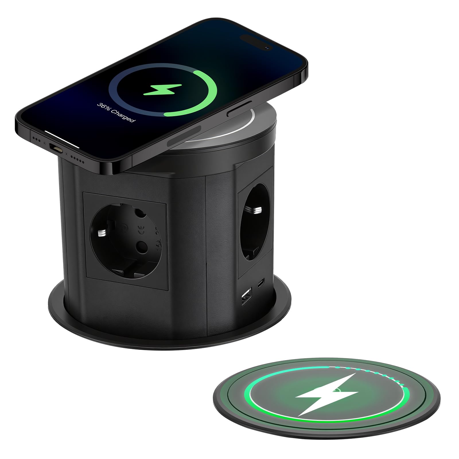Presa Piano di Lavoro Cucina 4 Prese, 1 USB C, 1 USB A Porte, Caricabatterie Senza Fili, Presa Da Tavolo Espanotabile 3 Prese per Cucine Ufficio Camera Riunione (Nero)