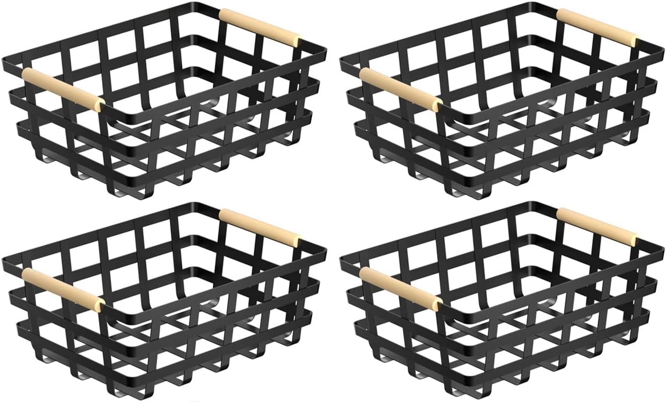 Wire Metal Baskets Metal Wire Food Storage Basket Organizer Farmhouse Baskets Bin Metal Wire Food Storage Basket Organizer with Wood Handles for Pantry Cabinets