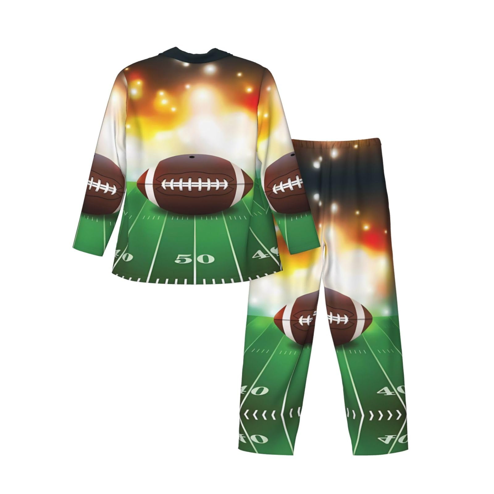 Conjunto de pijama deportivo con estampado de pelota de fútbol americano sobre hierba, de manga larga, con cuello y cintura elástica y bolsillos