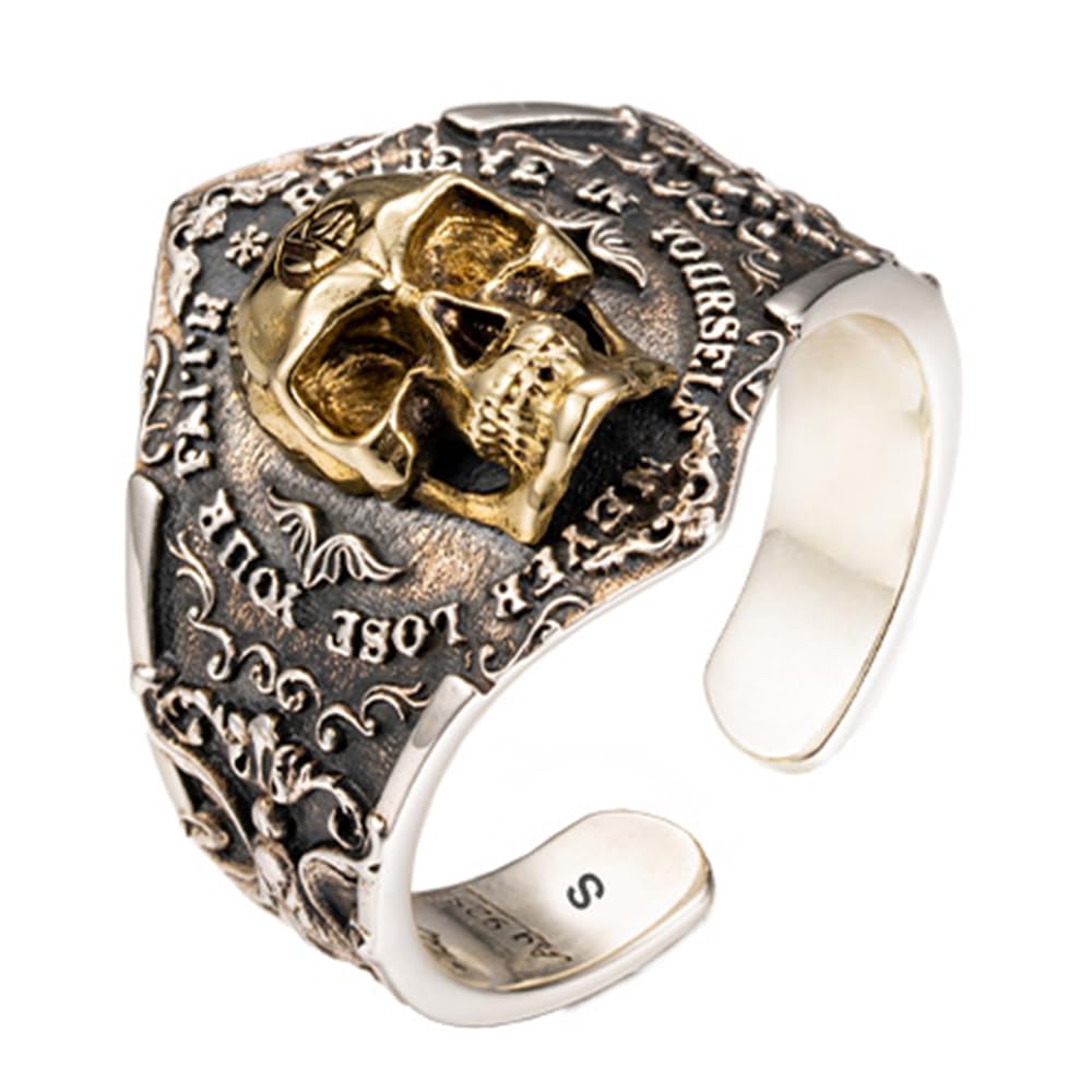 Anillo de calavera dorada de plata de ley 925 anillo meñique con flor de lis para hombre talla S/M/L ajustable