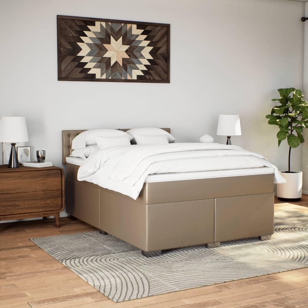 Skóra syntetyczna kieszeniowy materac sprężynowy 160x200 cm brąz | Łóżko kontynentalne z materacem kieszeniowym, topperem, cappuccino 160x200, solidna rama z zagłówkiem, luksusowa skóra