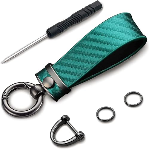 Kewucn Llavero de coche estilo fibra de carbono, llavero automático de cuero premium con anillo en D giratorio de 360 grados y antipérdida (verde)