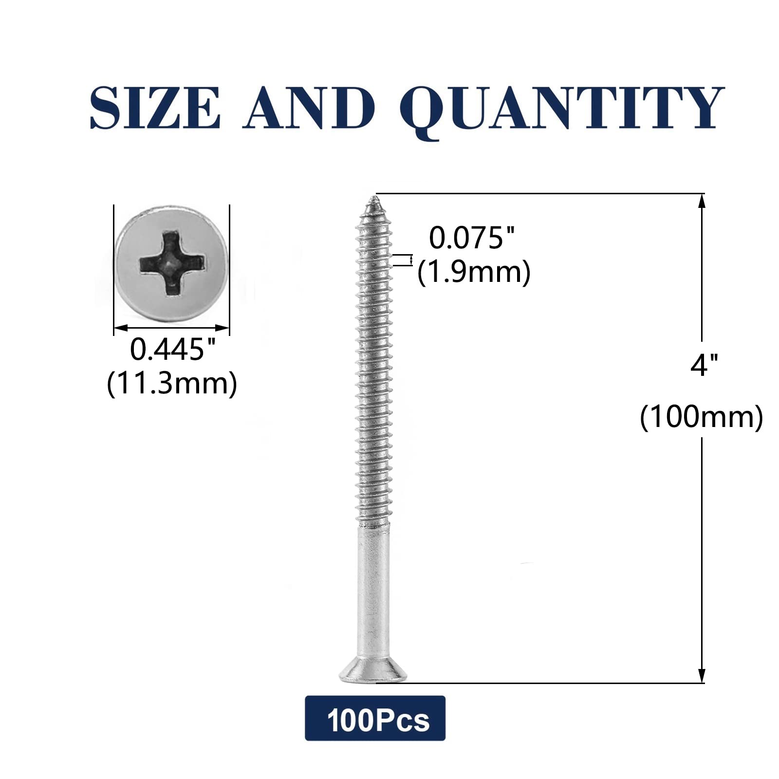 Lot de 100 vis à bois 18-8 (304) en acier inoxydable à tête plate cruciforme autotaraudeuse rapide pour cloison sèche