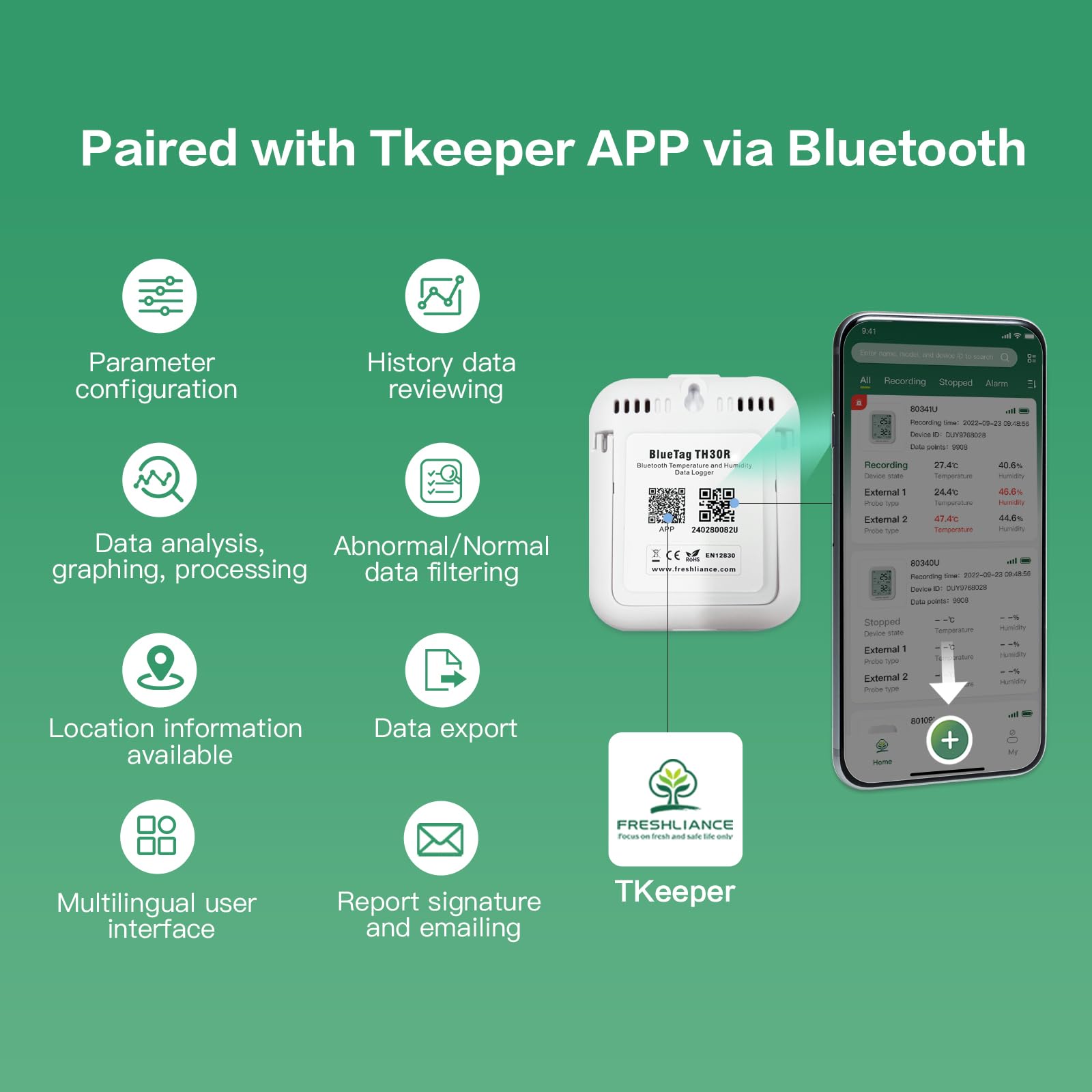 Freshliance Bluetooth Registrador de datos de temperatura y humedad con 2 sondas externas, termómetro digital para refrigerador, higrómetro, alarma de análisis de grabación remota de datos por Smart