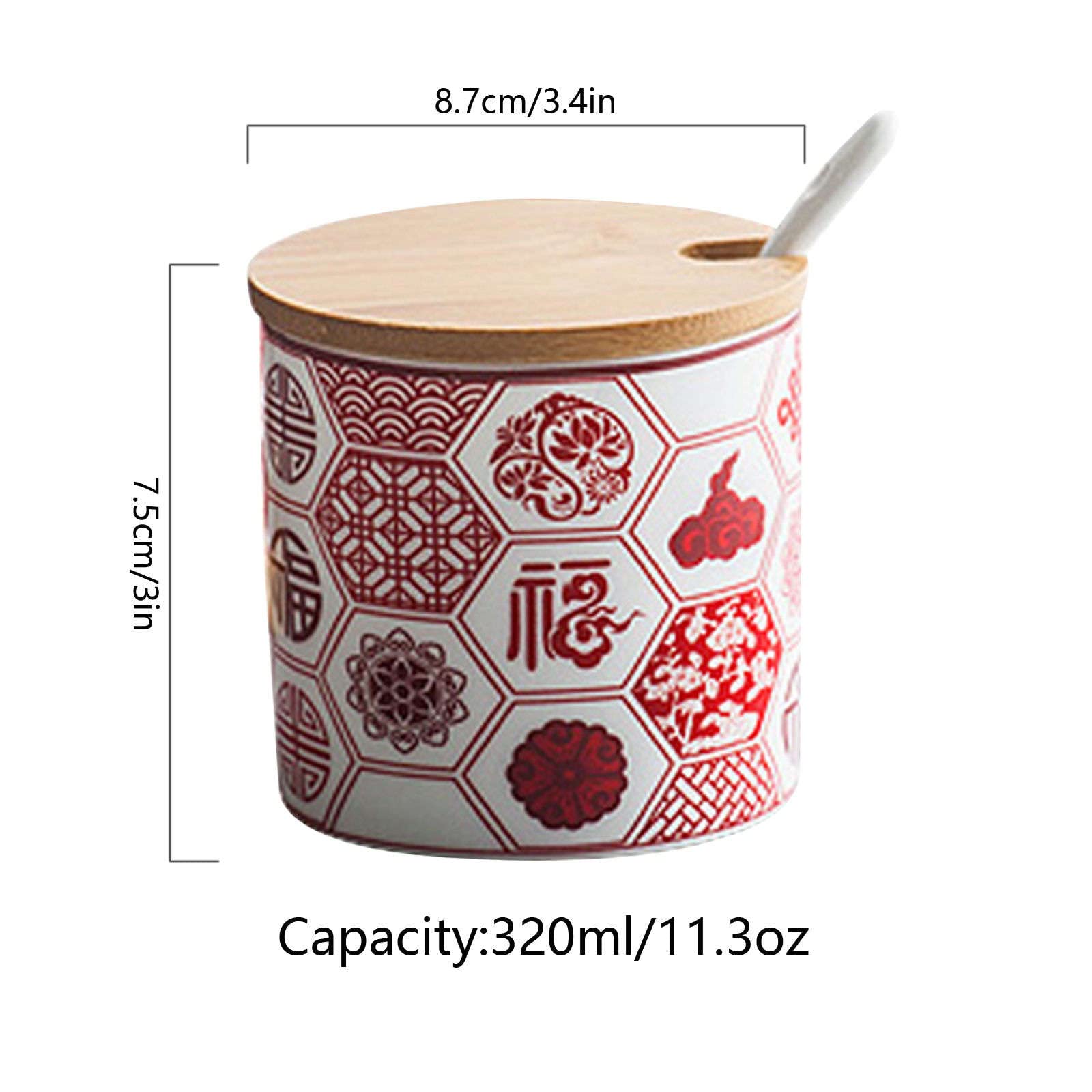 pojemnik na cukier， Słoiki na przyprawy, cukiernica w stylu chińskim z pokrywką i łyżeczką, porcelanowy słoik do przechowywania cukru o pojemności 11 uncji, ceramiczna cukiernica w szkarłatne litery,