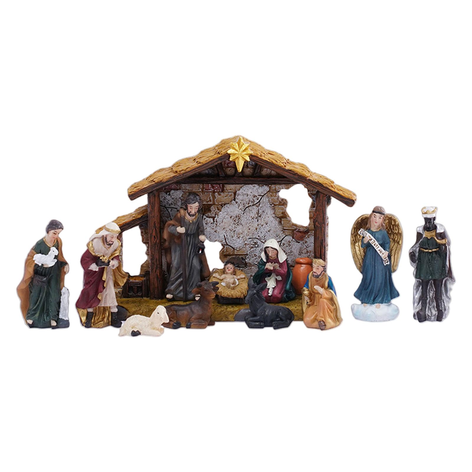 Figurines de crèche de Noël en résine avec écurie pour décoration de table