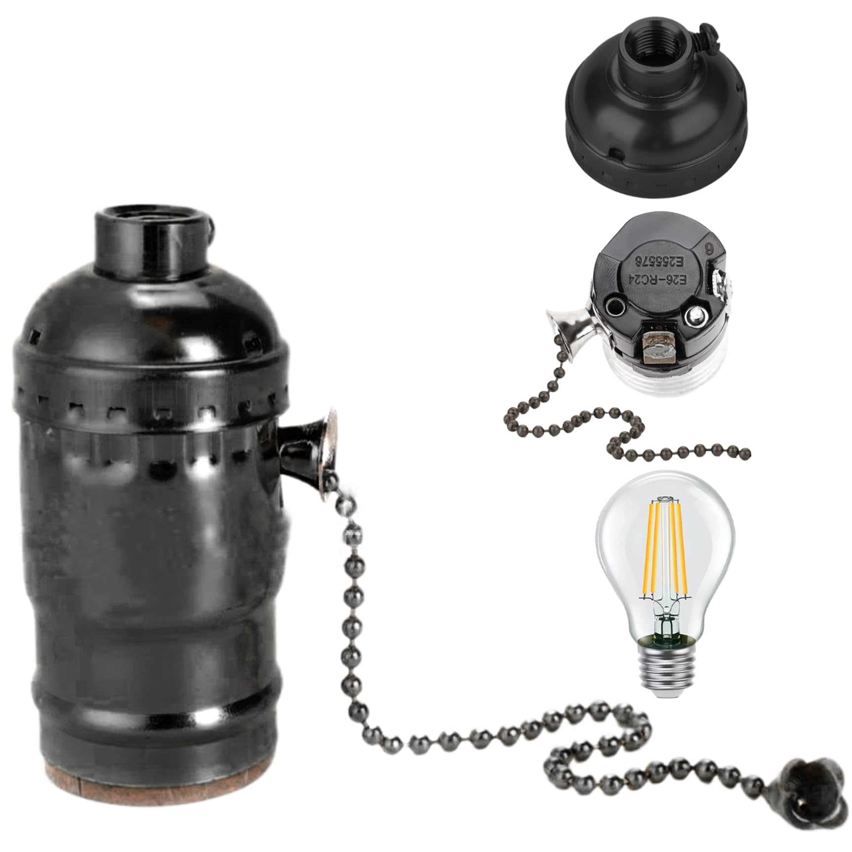 Hperu Pull Chain Light Socket Screw Thread Lamp Socket with Pull Chain Vintage Metal Lamp Holder for E26 E27 Light Bulbs Black