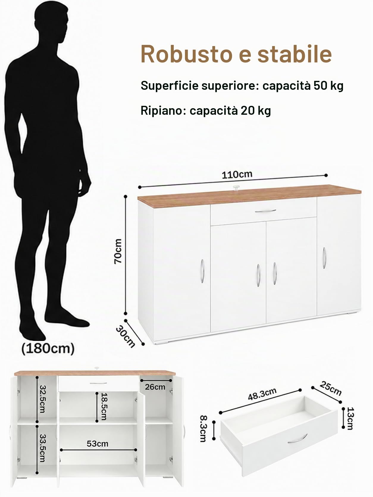 Credenza Sala da Pranzo Bianca con 4 Ante e 1 Cassetto 110×30×70cm | Credenza con 4 ante e 1 cassetto, spazio pratico per organizzare stoviglie, posate e accessori nella sala da pranzo