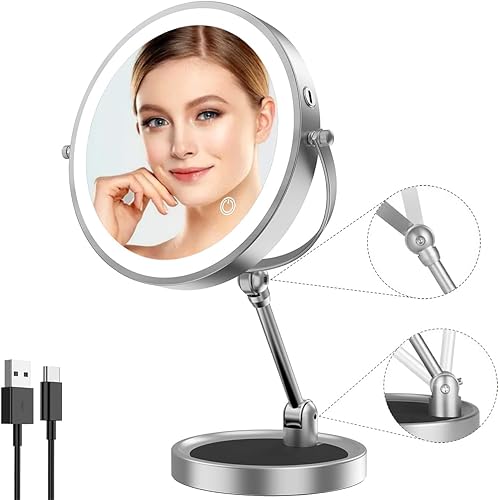 Espejo de maquillaje de escritorio de altura ajustable con luz, 1x10x doble cara giratoria de 360 con aumento de 360 con base plegable y